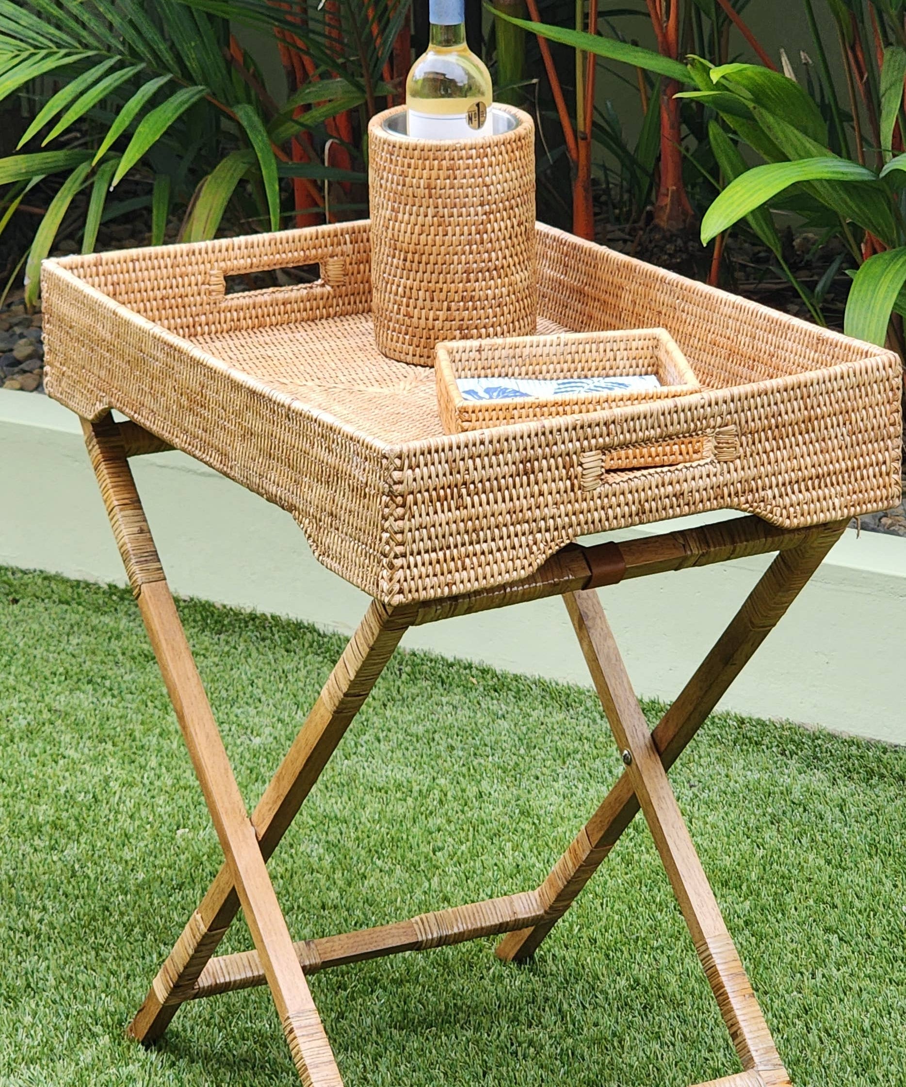 Rattan Butler Tray Table with Glass Insert – Folding Table