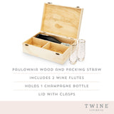 Wood Champagne Gift Box with 2 Stemless Flutes Congrats