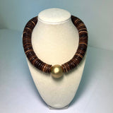 Brown Coconut Shell Statement Necklace with Gold Accent Bead