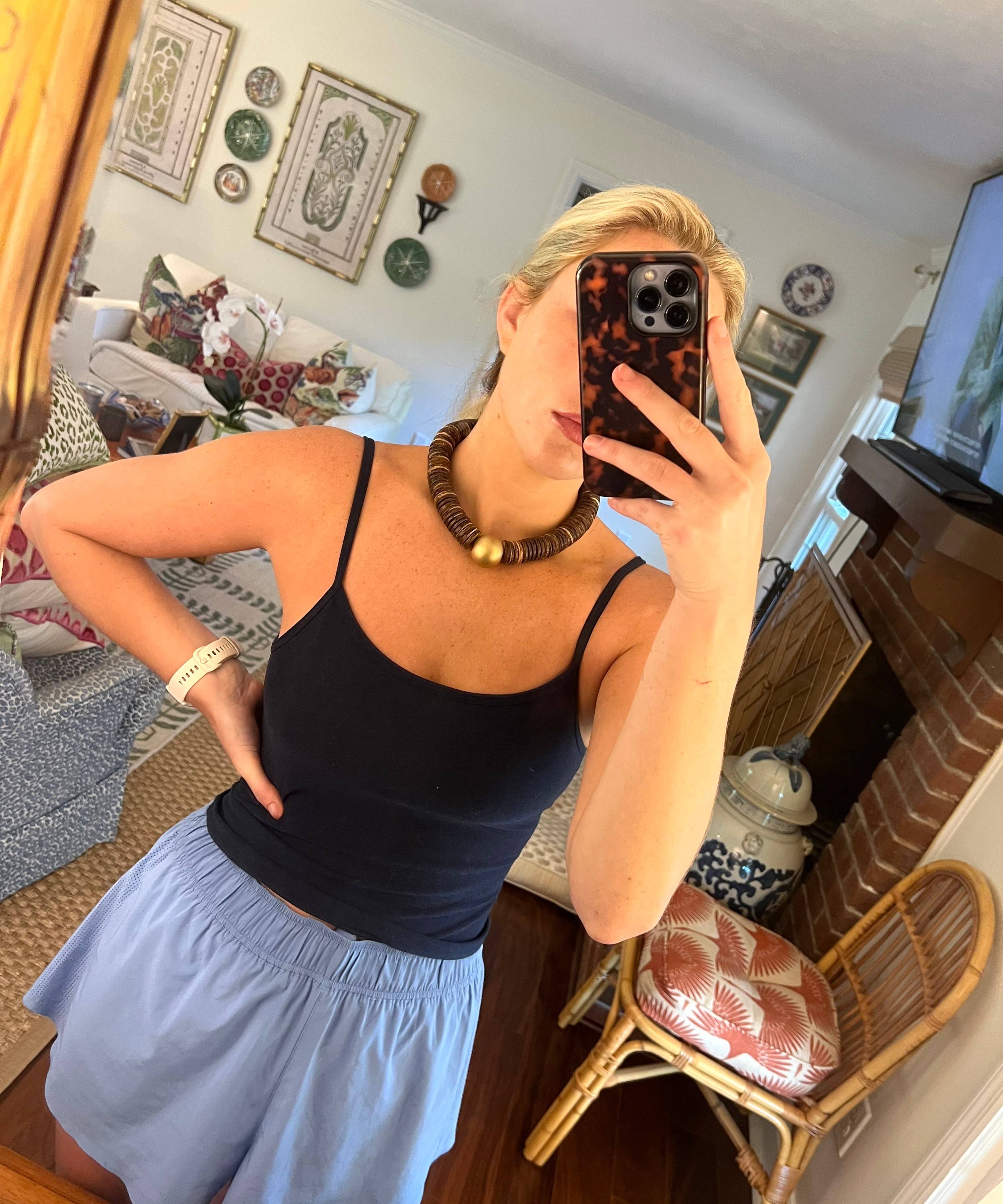 Brown Coconut Shell Statement Necklace with Gold Accent Bead