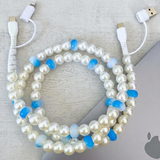 Blue and White Pearl Beaded Charging Cord