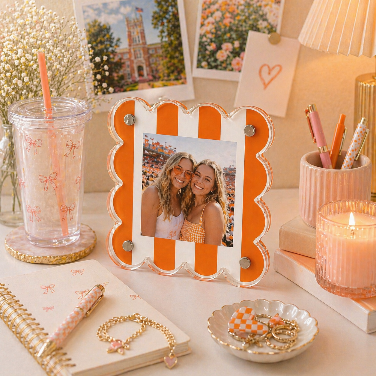 Orange and White Striped Gameday Scalloped Acrylic Frame